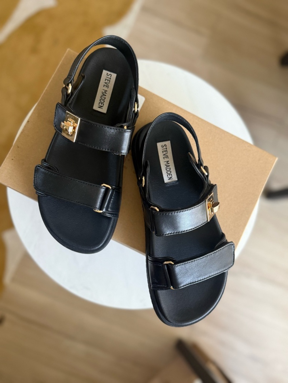 Steve Madden Black Mona Leather Sandals with Gold Accents